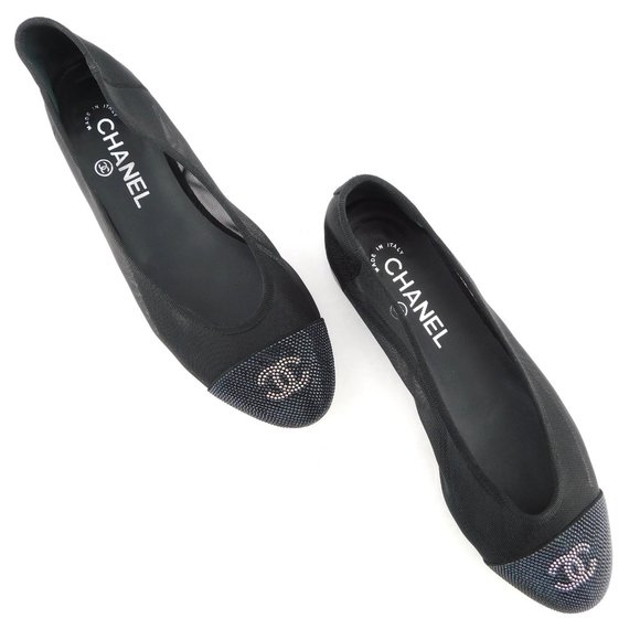 CHANEL Black Crystal CC Logo Cap Toe Mesh Suede Ballet Flats 37.5 - Picture 2 of 9